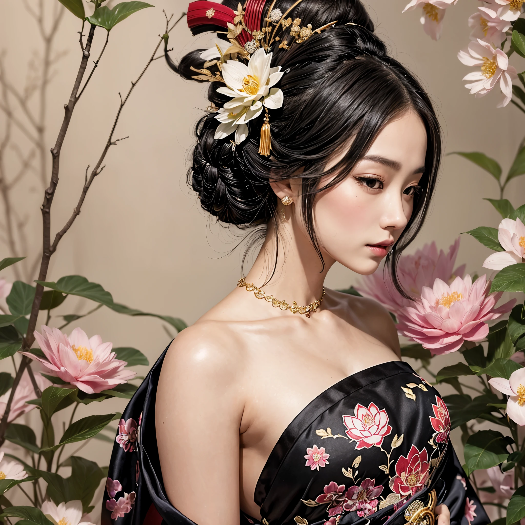 A beautiful Japanese geisha with black hair, beautiful lips, silky skin, beautiful eyes, slightly pink cheeks, with an ornament in her hair, wearing an earring, wearing a black kimono (clothing) open at the back and decorated with details of white lotus flowers, on her back, looking behind her shoulders in a sensual way, and in the background there is vegetation (plants), beautiful sensual glamorous hyperrealistic geisha, charming and attractive photorealistic geisha, an elegant geisha with intricate details.