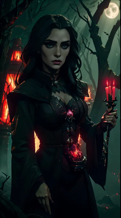 Yennefer witch, from Witcher wild hunt, beautiful sexy witch in gloomy creepy scary dark fantasy forest, moonlight,