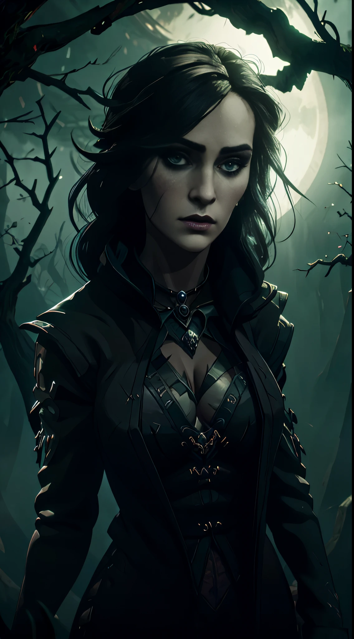 예니퍼 마녀, 위쳐 와일드 헌트에서, 우울하고 소름 끼치는 무서운 어두운 판타지 숲의 아름다운 섹시한 마녀, 월광,