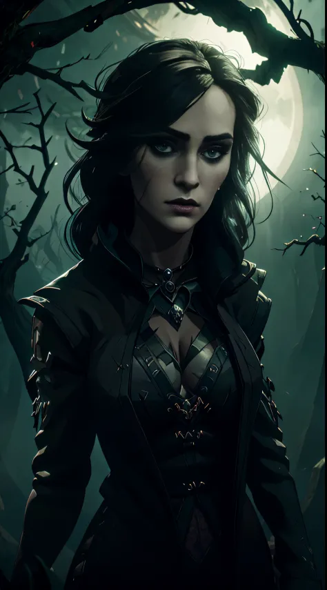 Yennefer witch, from Witcher wild hunt, beautiful sexy witch in gloomy creepy scary dark fantasy forest, moonlight,