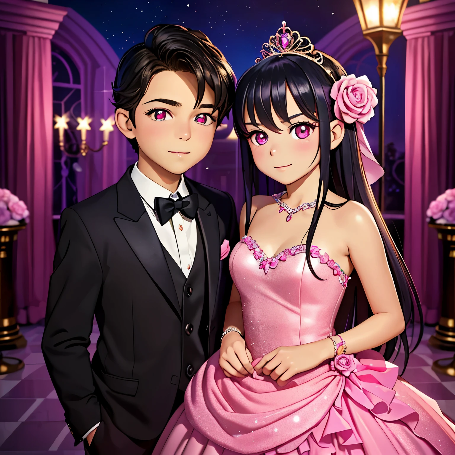 (best quality,4k,8k,highres,masterpiece:1.2),ultra-detailed,(realistic,photorealistic,photo-realistic:1.37),teenage boy magically transformed into a cute girl,gender bending,anime style,pink eyes,beautiful detailed long black hair with a streak of pink dye,prom night,beautiful ballgown,high heels,portrait,soft lighting,pink color palette,sparkling tiara,glamorous makeup,elegant pose,girlish smile,rose corsage,emotional eyes,twinkling stars in the background,magical atmosphere,shimmering glow,enchanted surroundings,party excitement,joyful celebration,memorable evening,romantic ambiance,classic fairytale setting,unforgettable experience,teenage dreams coming true.