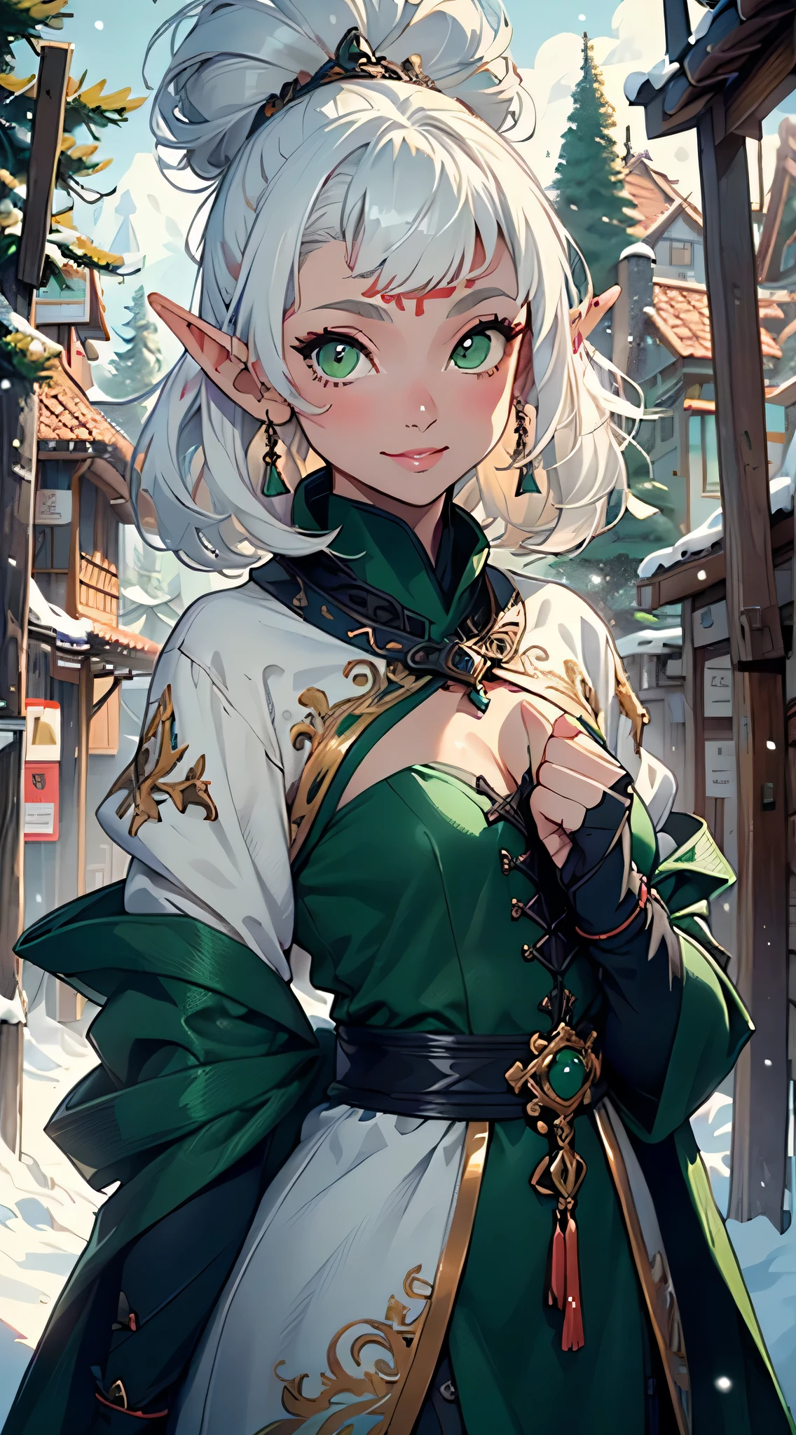 paya, cute elf, ((anime elf with extremely cute and beautiful white hair)), (((elf))), (((elf ears))), (((flat chest))),((((white hair:1.35,short white hair, colored inner hair,ear breathing)))),(((green_eyes:1.3))),intricate eyes,beautiful detailed eyes,symmetrical eyes,big eyes:1.5,(((lustrous skin:1.5,bright skin: 1.5,skin tanned,shiny skin,very shiny skin,shiny body,plastic glitter skin,exaggerated shiny skin,illuminated skin))),(detailed body,(detailed face)), cute,slutty,erotic,daring,((nsfw)), (((medieval man clothes,adventurer man clothing,winter coat))),(((intricate outfit,intricate clothes,embroidered outfit,ornate outfit,embroidered clothes,ornate clothes))), (dynamic pose:1.0),happy,smile,(centered,scale to fit dimensions,Rule of thirds), ((snowy pine forest at night)), with dark stormy clouds,winter,scenery:1.25,((snow forest background)),Christmas tree, highres,sharp focus,(ultra detailed,extremely detailed),(photorealistic artwork:1.37),(extremely detailed CG unity 8k wallpaper),(((vibrant colors,vibrant theme))),(intricate),(masterpiece),(best quality),