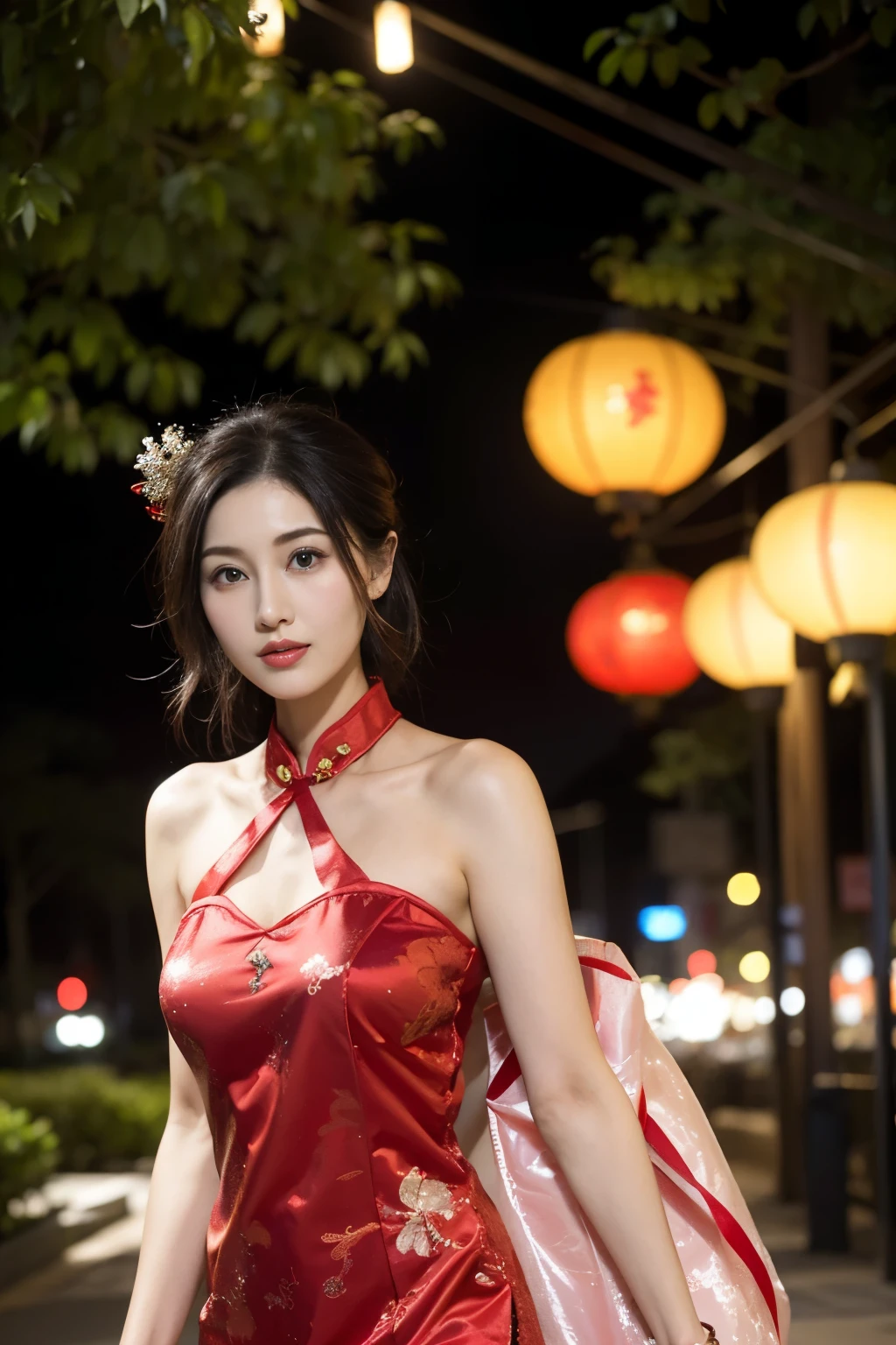 1 beautiful young girl， walking down a sidewalk with red lantern, (Street during the day)，Celebrate New Year&#39;s Day, red lantern, chinese lantern, Red Chinese cheongsam, Delicate face，Raised sexy，(Bust photo),(Clear face),(Close-up of the face),street lanterns are shining, with lantern, hanging lantern, wearing red cheongsam, Baotou, China, Uptrend ，An attractive one, China-style, tmasterpiece