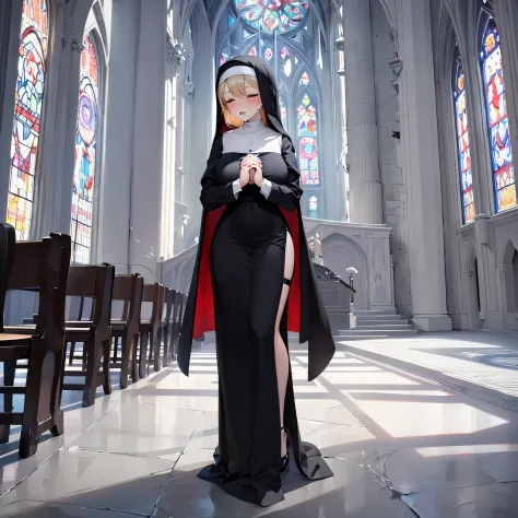 (solo 1 praying nun:1.2) standing in church, praying with holding hands together over chest, very thin, (black sheer long dress:...