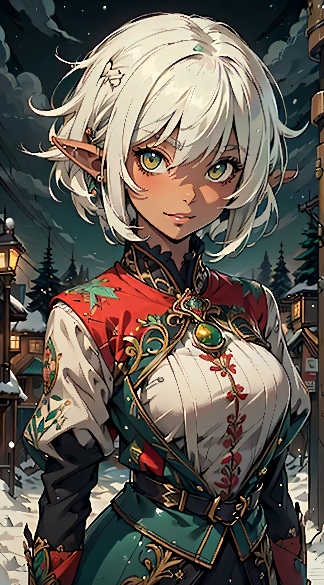 Nisei Muramasa, cute loli elf,(((little loli,tiny little body,little))),(((6 years old))),((anime elf loli with extremely cute and beautiful brown hair)), (((elf))), (((elf ears))),(lesbian,gay),(tomboy:1.3), (((flat chest))),((((white hair:1.35,short white hair,boy haircut,tny short haircut,colored inner hair,ear breathing)))),(((green_eyes:1.3))),intricate eyes,beautiful detailed eyes,symmetrical eyes,big eyes:1.5,(((lustrous skin:1.5,bright skin: 1.5,skin tanned,shiny skin,very shiny skin,shiny body,plastic glitter skin,exaggerated shiny skin,illuminated skin))),(detailed body,(detailed face)), cute,erotic,daring,((nsfw)), (((medieval man clothes,adventurer man clothing,winter coat))),(((intricate outfit,intricate clothes,embroidered outfit,ornate outfit,embroidered clothes,ornate clothes))), (dynamic pose:1.0),happy,smile,(centered,scale to fit dimensions,Rule of thirds), ((snowy pine forest at night)), with dark stormy clouds,winter,scenery:1.25,((snow forest background)),Christmas tree, highres,sharp focus,(ultra detailed,extremely detailed),(photorealistic artwork:1.37),(extremely detailed CG unity 8k wallpaper),(((vibrant colors,vibrant theme))),(intricate),(masterpiece),(best quality), small breasts