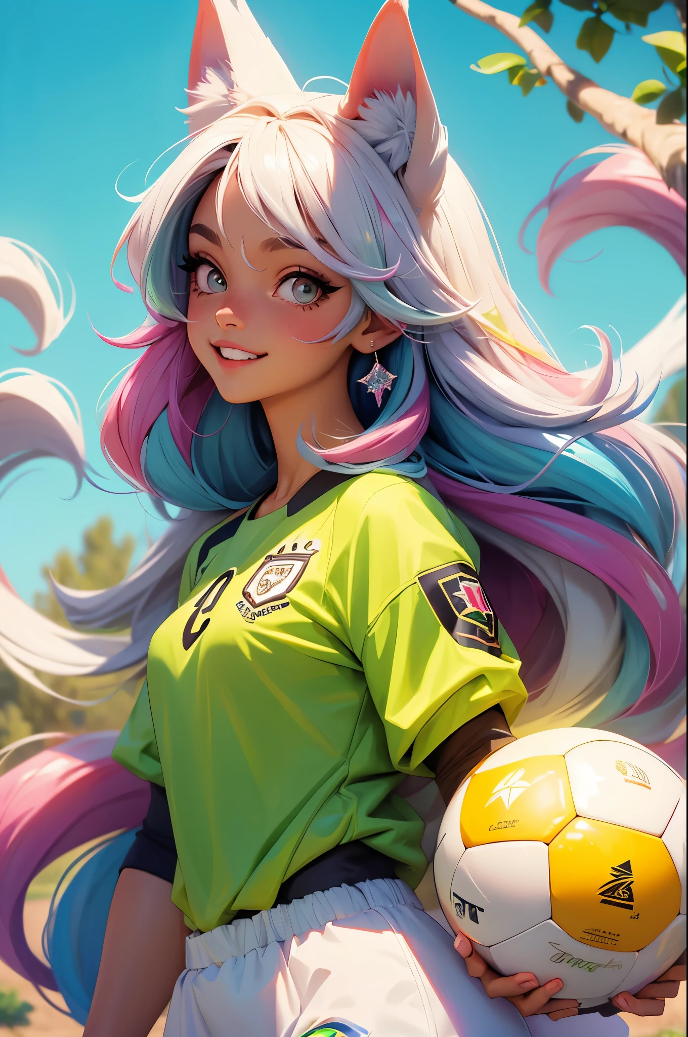 (obra-prima, melhor qualidade: 1.2), anime girl with fox ears, solo, foco feminino, sorriso, olhando para espectador, soccer uniform, campo de futebol, diamante, cabelo multicolorido, olhos multicoloridos