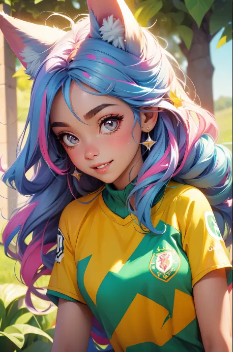 (obra-prima, melhor qualidade: 1.2), anime girl with fox ears, solo, foco feminino, sorriso, olhando para espectador, soccer uni...