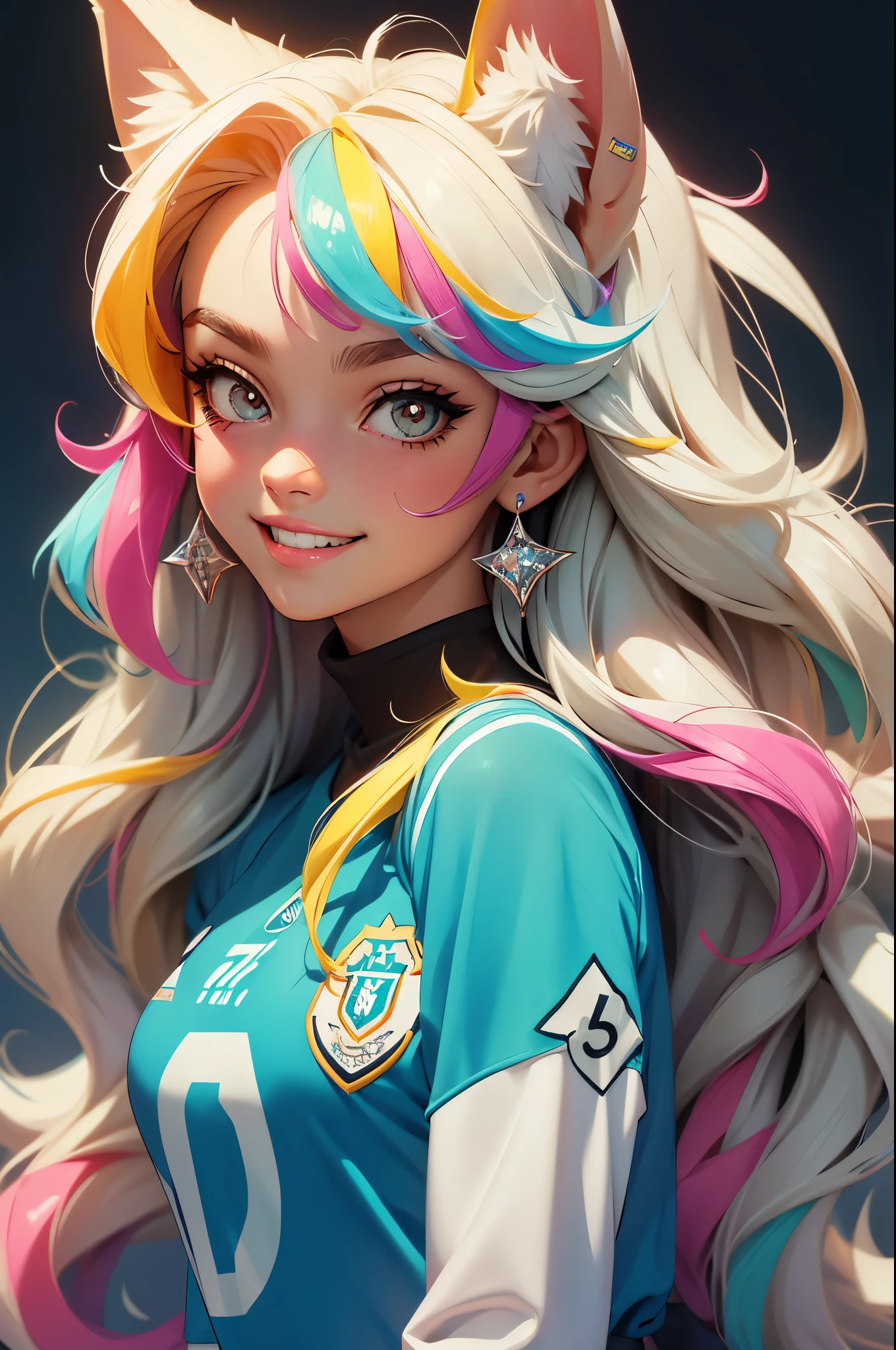 (obra-prima, melhor qualidade: 1.2), anime girl with fox ears, solo, foco feminino, sorriso, olhando para espectador, soccer uniform, campo de futebol, diamante, cabelo multicolorido, olhos multicoloridos