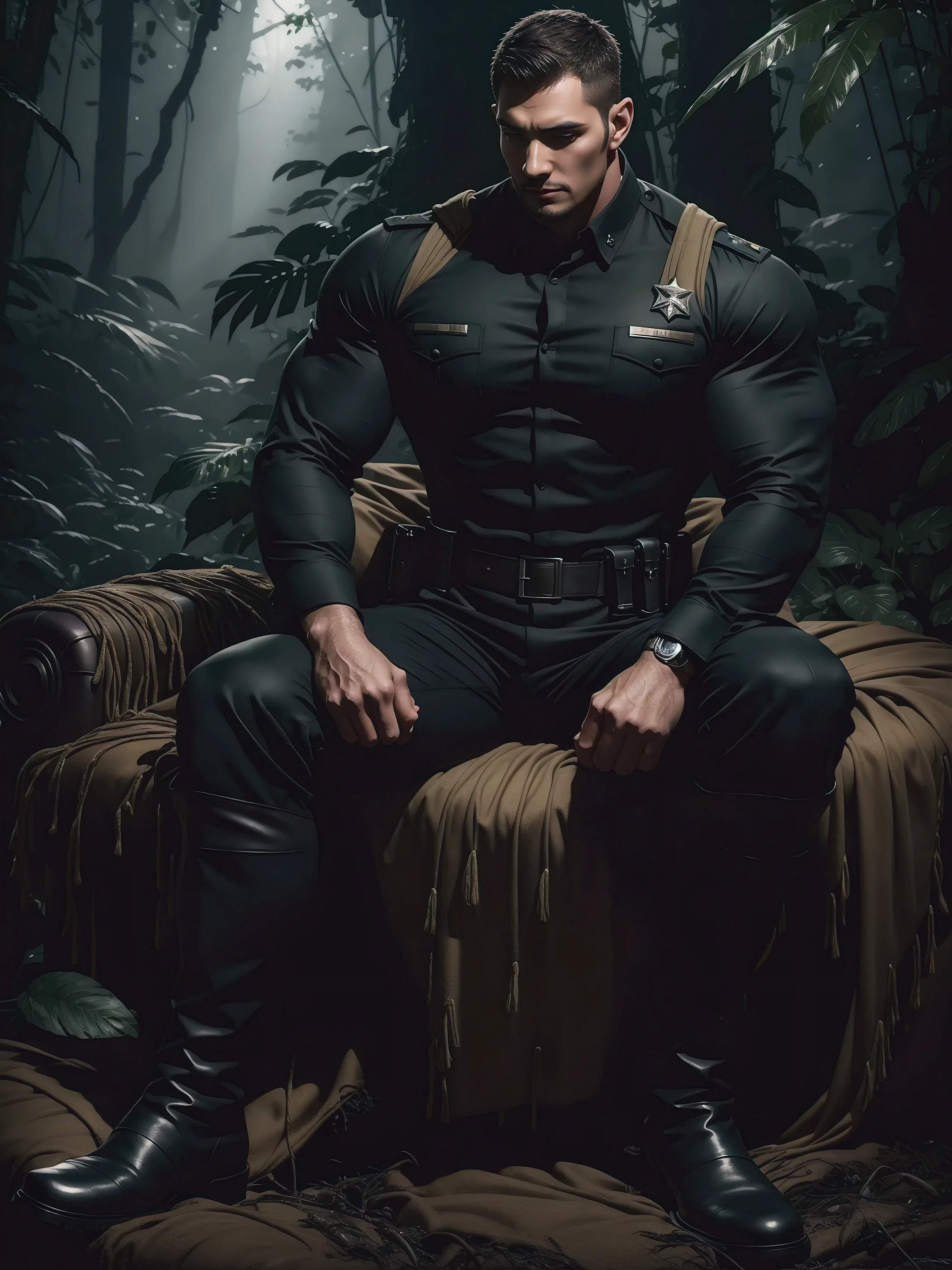 Tall giant muscular man sitting in the forest，Dark black military uniform，character  design（Resident Evil - Chris Redfield，Chris Redfield）His hairstyle is a crew cut，Wearing dark black military uniform，Matte texture，Soft and comfortable sofa，Sitting in the eerie sugar cane jungle, The body is wrapped in thick rattan，expression sad，Deep and charming eyes，Sapphire eye male protagonist，heroic masculine pose，Tall and burly，musculous！Charming leg muscles，tall, Burly, and strong， Wearing dark black military uniform， Super gain and cool， commission for high resolution， Big feet in black boots，Charming strong man，Bright sunlight shines on the body，Matte particles with shiny texture