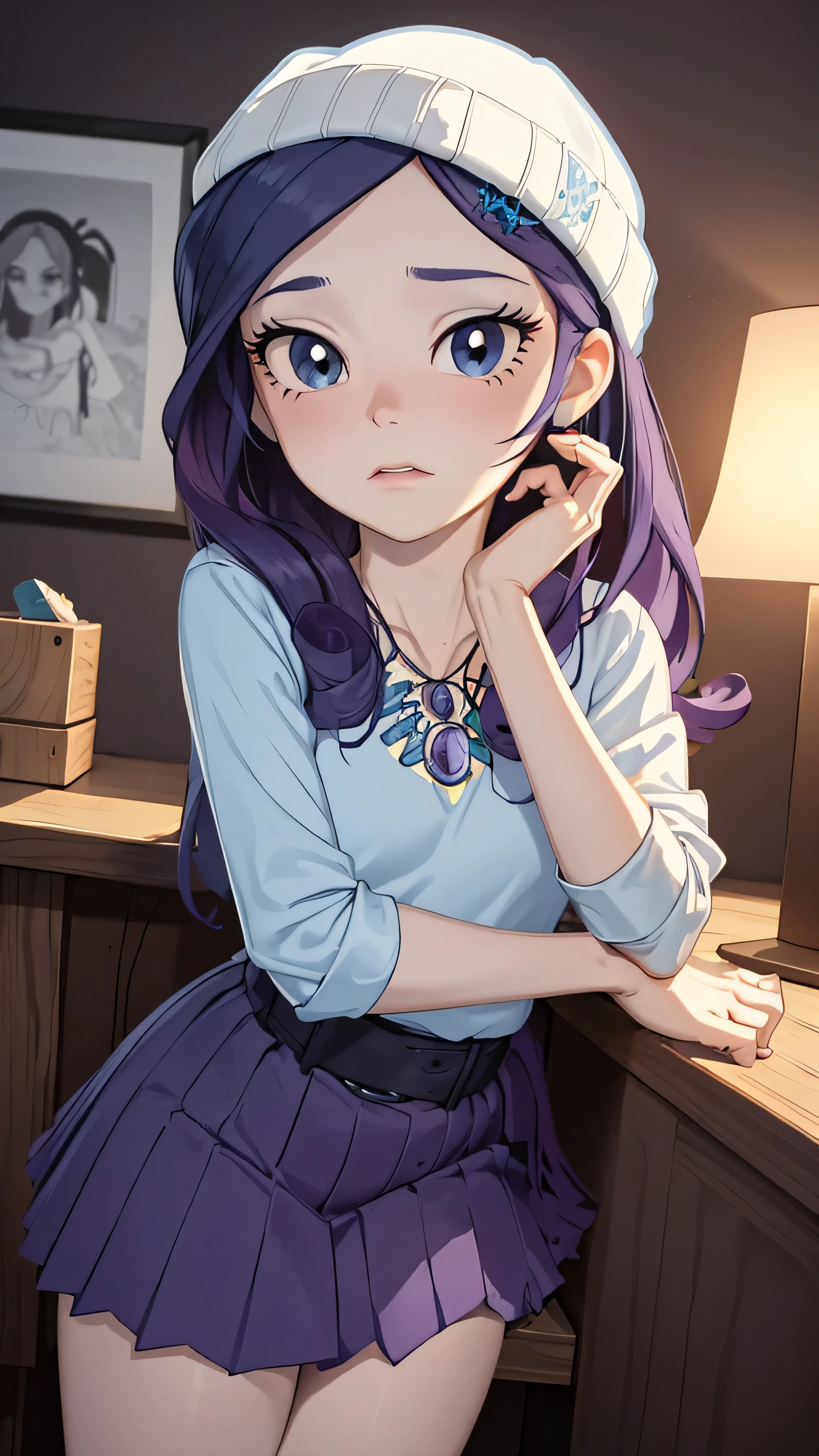 (high quality,realistic,portrait,studio lighting),(kidnapped,girl,nervous,heavy breathing),(purple miniskirt,light blue blouse,necklace,blue eyeshadow),chairtape,let&#39;s imagine the protagonist a dark room,debe haber una fuente de luz desde un lado,que arroje sombras intrigantes en el fondo. Furthermore, the room must be messy and a little neglected, con objetos dispersos en el suelo como cuadernos, a Mobile phone, a fallen lamp, etc. La chica debe sentarse en una silla, con sus manos y pies atados con cinta adhesiva. La cinta adhesiva debe estar bien visible en su boca, evitando que hable o grite. Your expression should be nervous and scared, con sus ojos un poco abiertos y mirando hacia el espectador. The color of your skirt should be purple and your blouse should be light blue.. Para agregar un toque de elegancia, I should wear a necklace around my neck. La sombra de ojos celeste resalta su mirada y le da un aspecto inquietante.