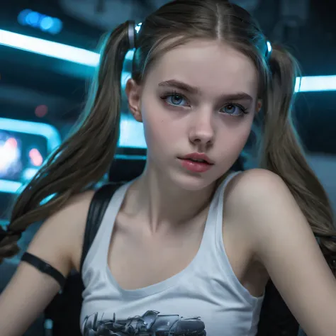 white girl,  auf einem Bett sitzen,  in einem Cyberpunk-Stahlbunker mit Luken usw.,  im Hintergrund. Sie hat eine Twintail-Frisu...