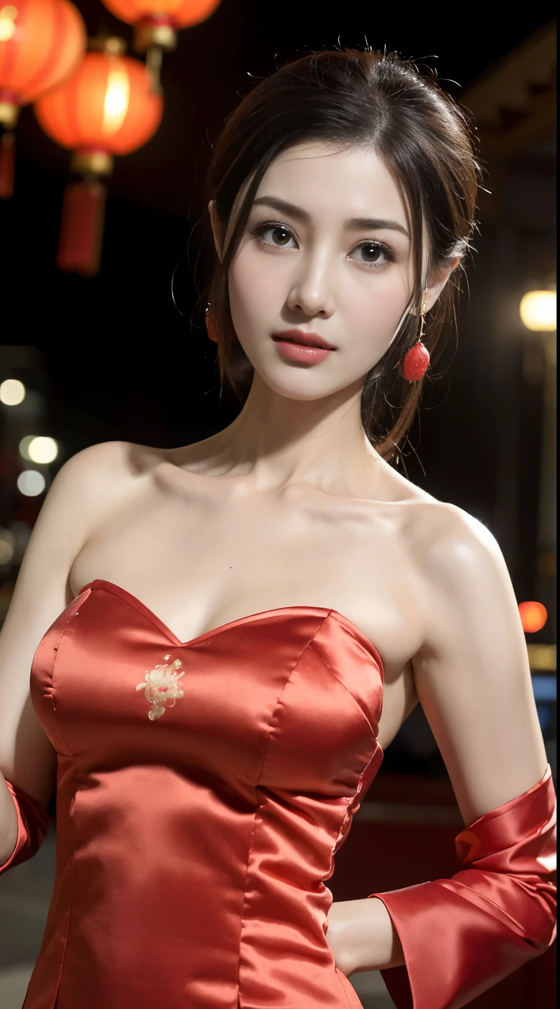 1 beautiful young girl， walking down a sidewalk with red lantern, (Street during the day)，（New Year&#39;s Day celebration scene）, red lantern, chinese lantern, Red Chinese cheongsam, Delicate face，Raised sexy，((((Bust photo))))，((Clear face))，((Close-up of the face))，street lanterns are shining, with lantern, hanging lantern, wearing red cheongsam, Baotou, China, Uptrend ，An attractive one, China-style, tmasterpiece