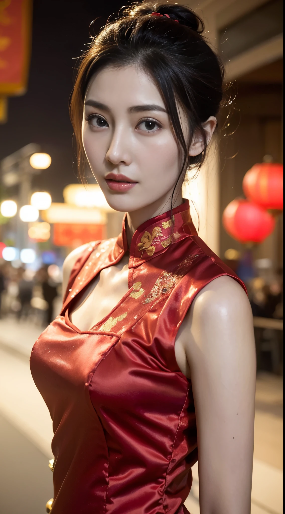 1 beautiful young girl， walking down a sidewalk with red lantern, (Street during the day)，（New Year&#39;s Day celebration scene）, red lantern, chinese lantern, Red Chinese cheongsam, Delicate face，Raised sexy，((((Bust photo))))，((Clear face))，((Close-up of the face))，street lanterns are shining, with lantern, hanging lantern, wearing red cheongsam, Baotou, China, Uptrend ，An attractive one, China-style, tmasterpiece