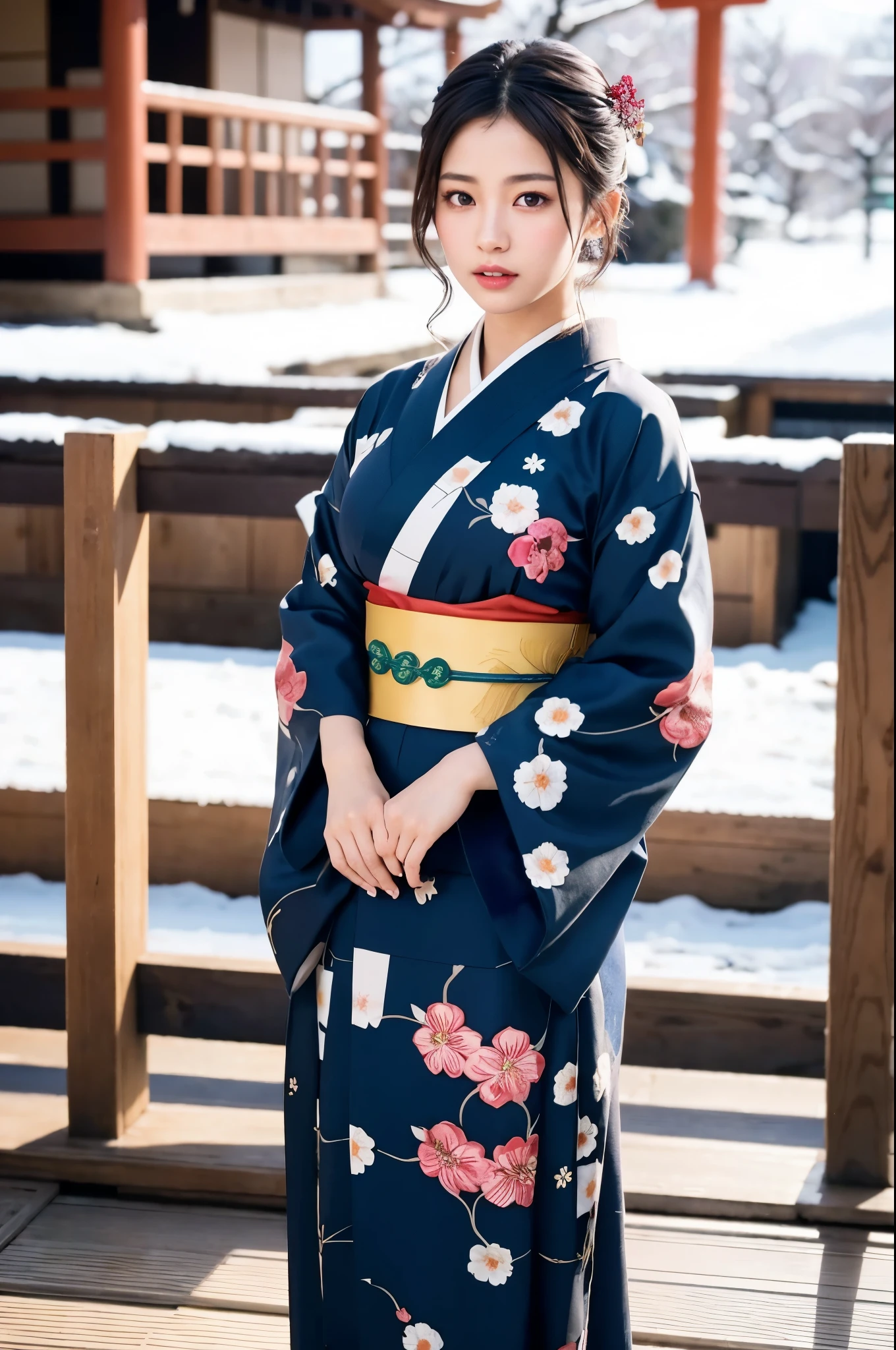 Japanese shinto shrines in snowy landscapes, Early morning of New Year's Day, (A beautiful Japanese girl in a kimono for New Year's celebration, solo, floral print, hair ornaments), 8k, RAW photo, best quality, masterpiece:1.2, (realistic, photo-realistic:1.4), extremely detailed 8k wallpaper, cowboy shot, Like a Japanese Idol, Extremely cute, elegant, Slightly bewitching, parted lips, glossy skin, cinematic composition, professional warm lighting and shading, extremely detailed eyes and face, eyes with beautiful details, insanely detailed beautiful realistic skin texture, (correct body balance, accurate hands, accurate eyes)