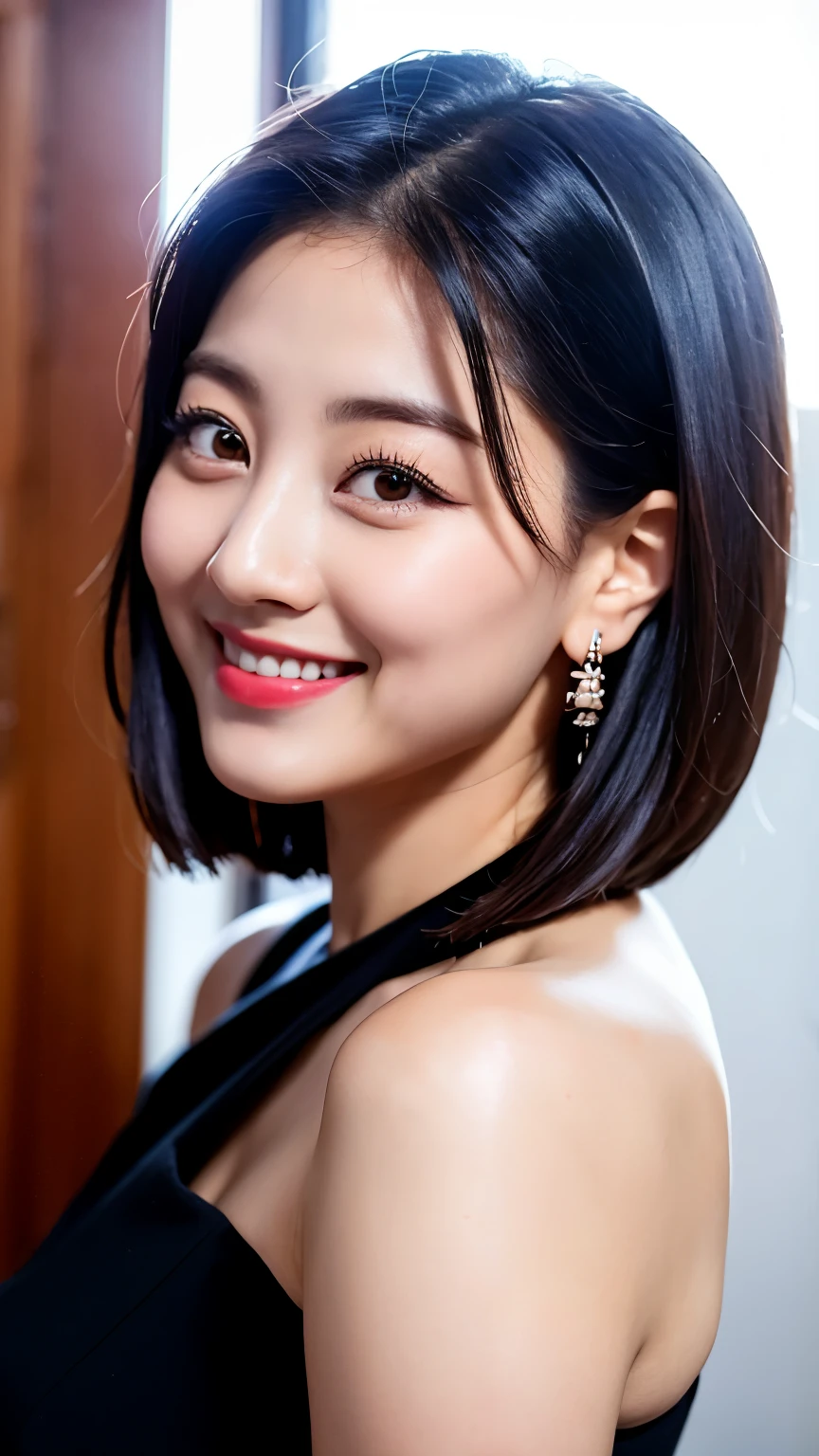 twjihyo, jihyoo, ((masterpiece, best quality)), intricate details, high quality, (photorealistic), (rich:1.4), ultra realistic 8k cg, picture-perfect face, flawless, clean, masterpiece, professional artwork, famous artwork, cinematic lighting, cinematic bloom, perfect face, beautiful face, beautiful eyes, 1girl, korean woman, jihyo from twice, short dark hair, jihyo, kpop idol, smiling