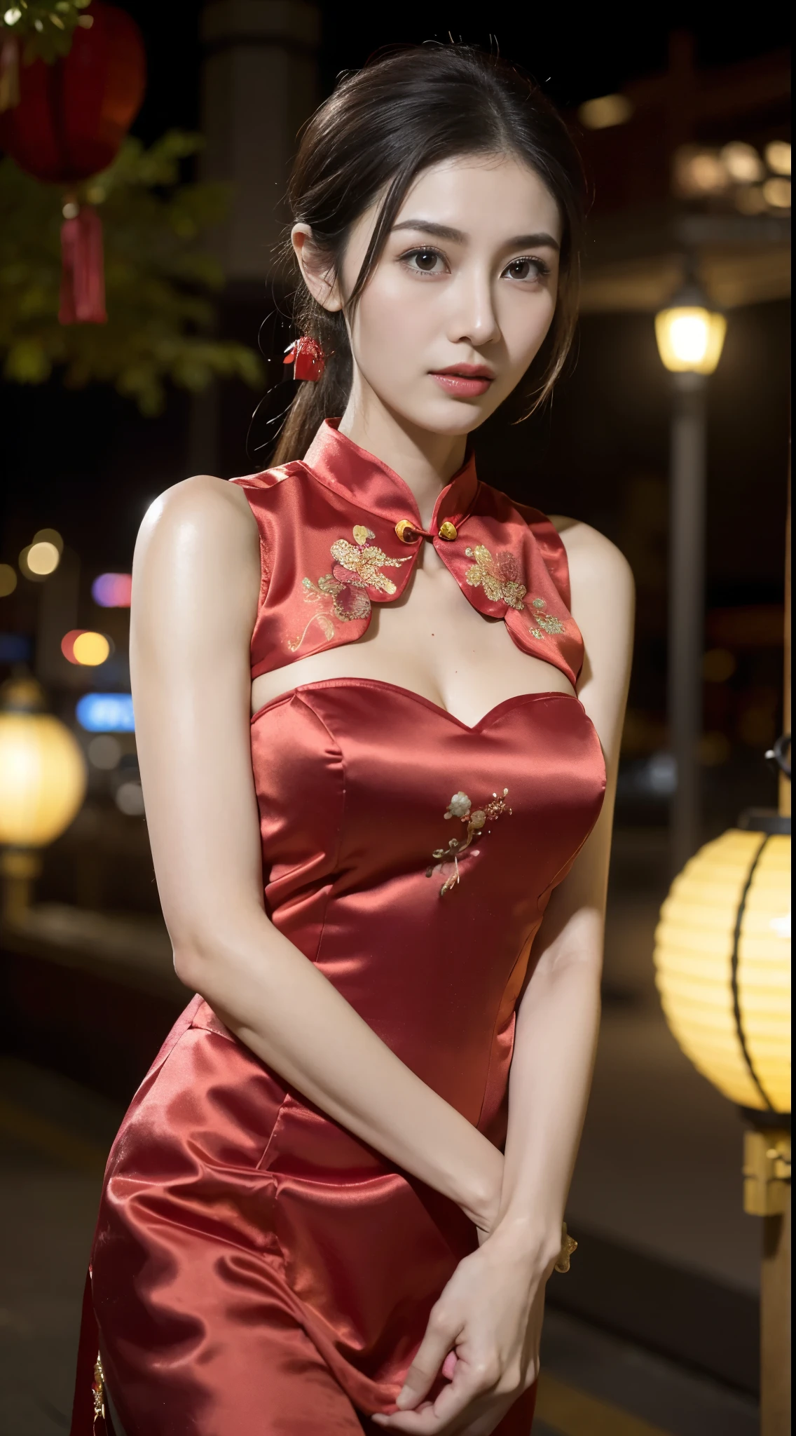 1 beautiful young girl， walking down a sidewalk with red lantern, (Street during the day)，（New Year&#39;s Day celebration scene）, red lantern, chinese lantern, Red Chinese cheongsam, Delicate face，Raised sexy，((((Bust photo))))，((Clear face_)，((Close-up of the face))，street lanterns are shining, with lantern, hanging lantern, wearing red cheongsam, Baotou, China, Uptrend ，An attractive one, China-style, tmasterpiece