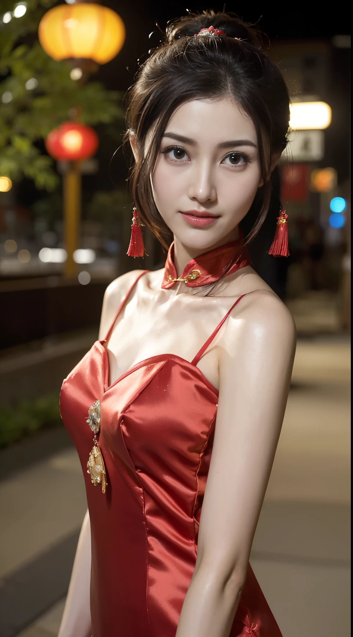 1 beautiful young girl， walking down a sidewalk with red lantern, (Street during the day)，（New Year&#39;s Day celebration scene）, red lantern, chinese lantern, Red Chinese cheongsam, Delicate face，Raised sexy，((((Bust photo))))，((Clear face))，((Close-up of the face))，street lanterns are shining, with lantern, hanging lantern, wearing red cheongsam, Baotou, China, Uptrend ，An attractive one, China-style, tmasterpiece