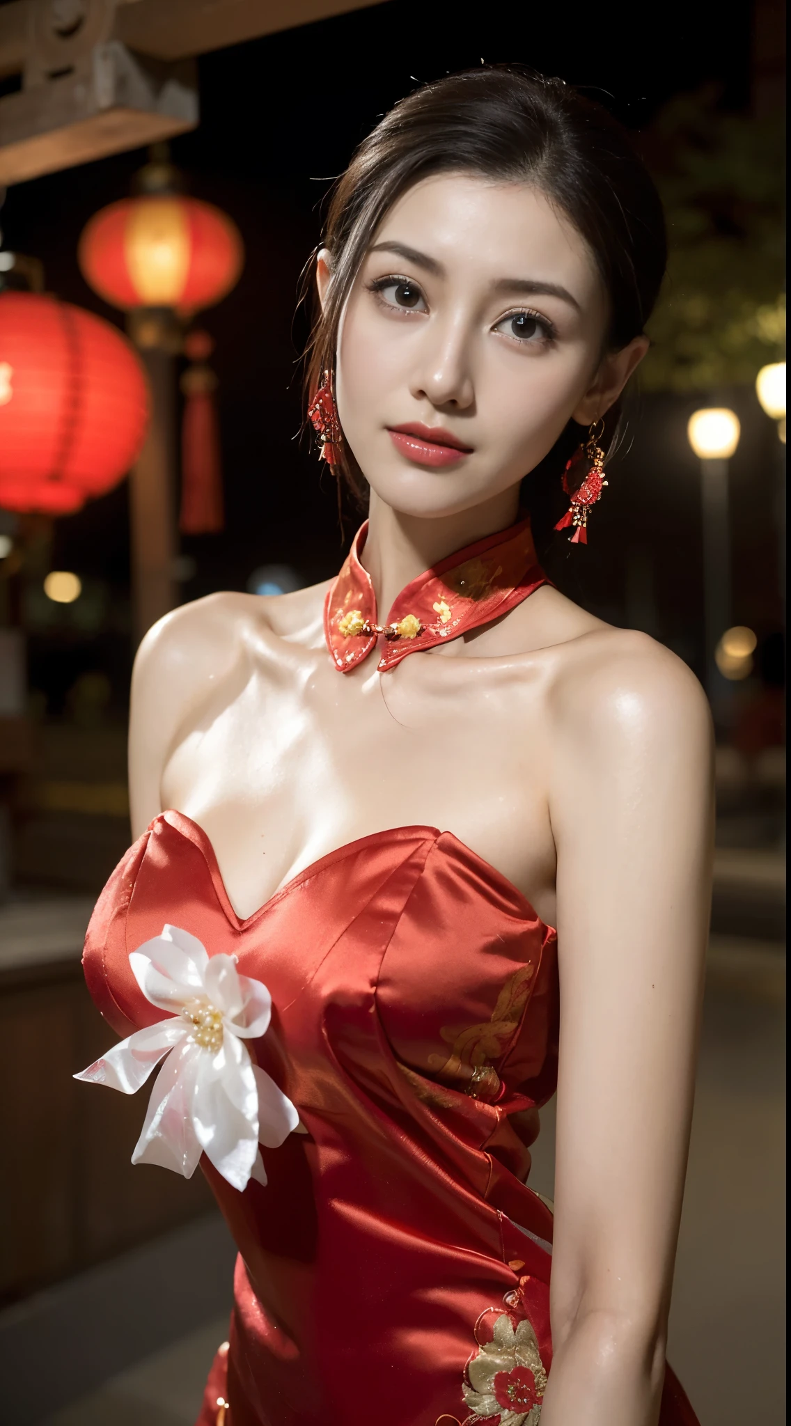 1 beautiful young girl， walking down a sidewalk with red lantern, (Street during the day)，（New Year&#39;s Day celebration scene）, red lantern, chinese lantern, Red Chinese cheongsam, Delicate face，Raised sexy，((((Bust photo))))，((Clear face))，((Close-up of the face))，street lanterns are shining, with lantern, hanging lantern, wearing red cheongsam, Baotou, China, Uptrend ，An attractive one, China-style, tmasterpiece