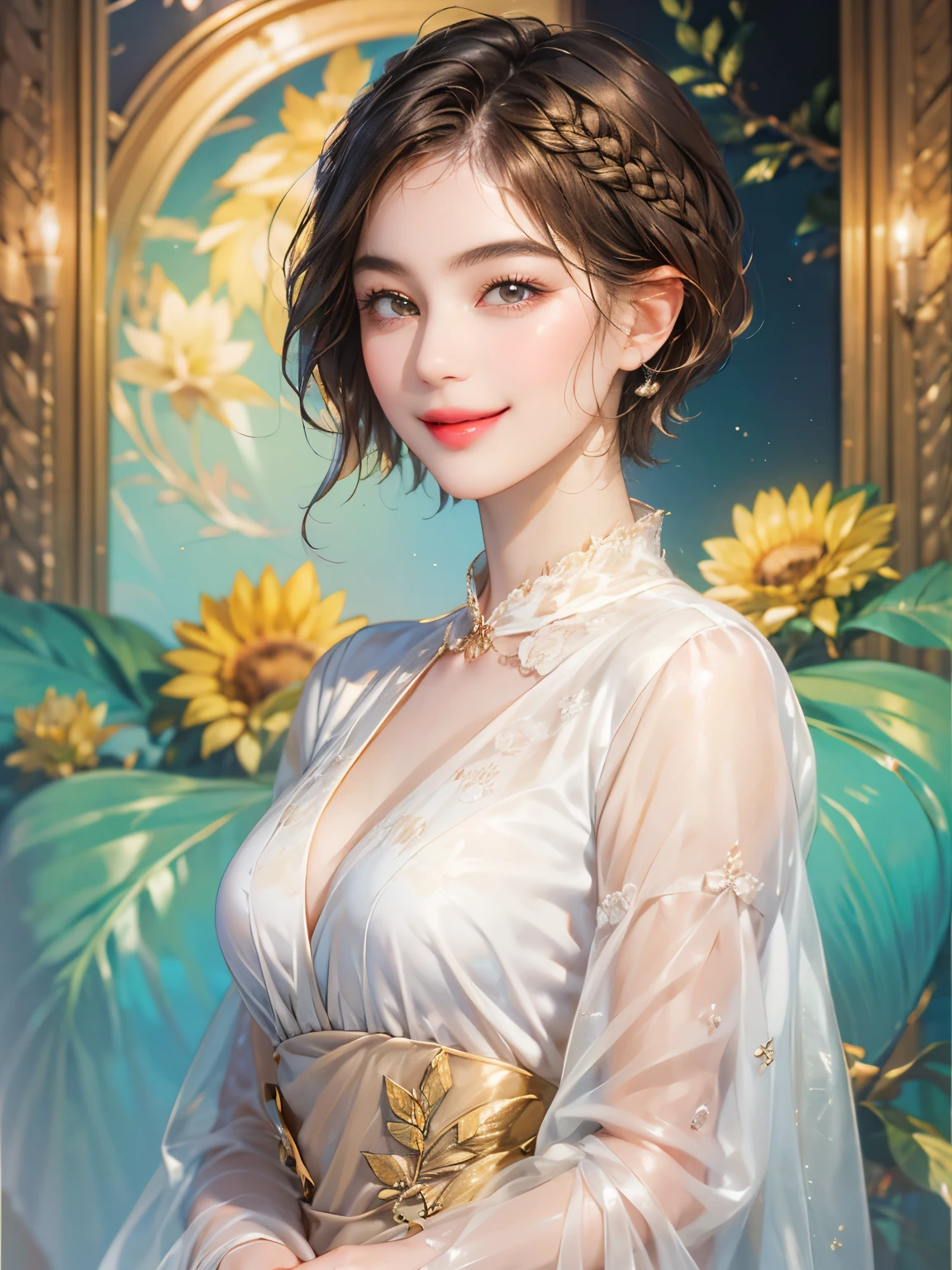143
(a 20 yo woman), (A hyper-realistic), (high-level image quality), ((beautiful hairstyle 46)), ((short-hair:1.46)), (kindly smile), (breasted:1.1), (lipsticks)