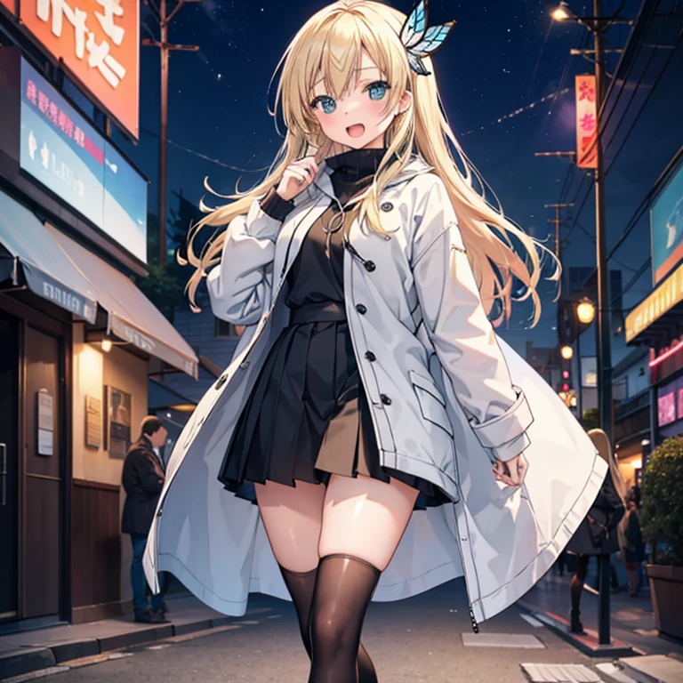 (Best Quality:1.1), (masutepiece:1.4), (absurderes:1.0), Full body,  Walking,
1girl in, kashiwazaki sena, butterfly_hair_ornament detached, blond hair, pink long coat，Green Sweater, a miniskirt，Black tights，Black Long Boots，Turning around，closing eye，Opening Mouth，Huge laughter，Large crowds, solofocus:1.4), (depth of fields:1.4), Looking at Viewer, (blush:1.1),