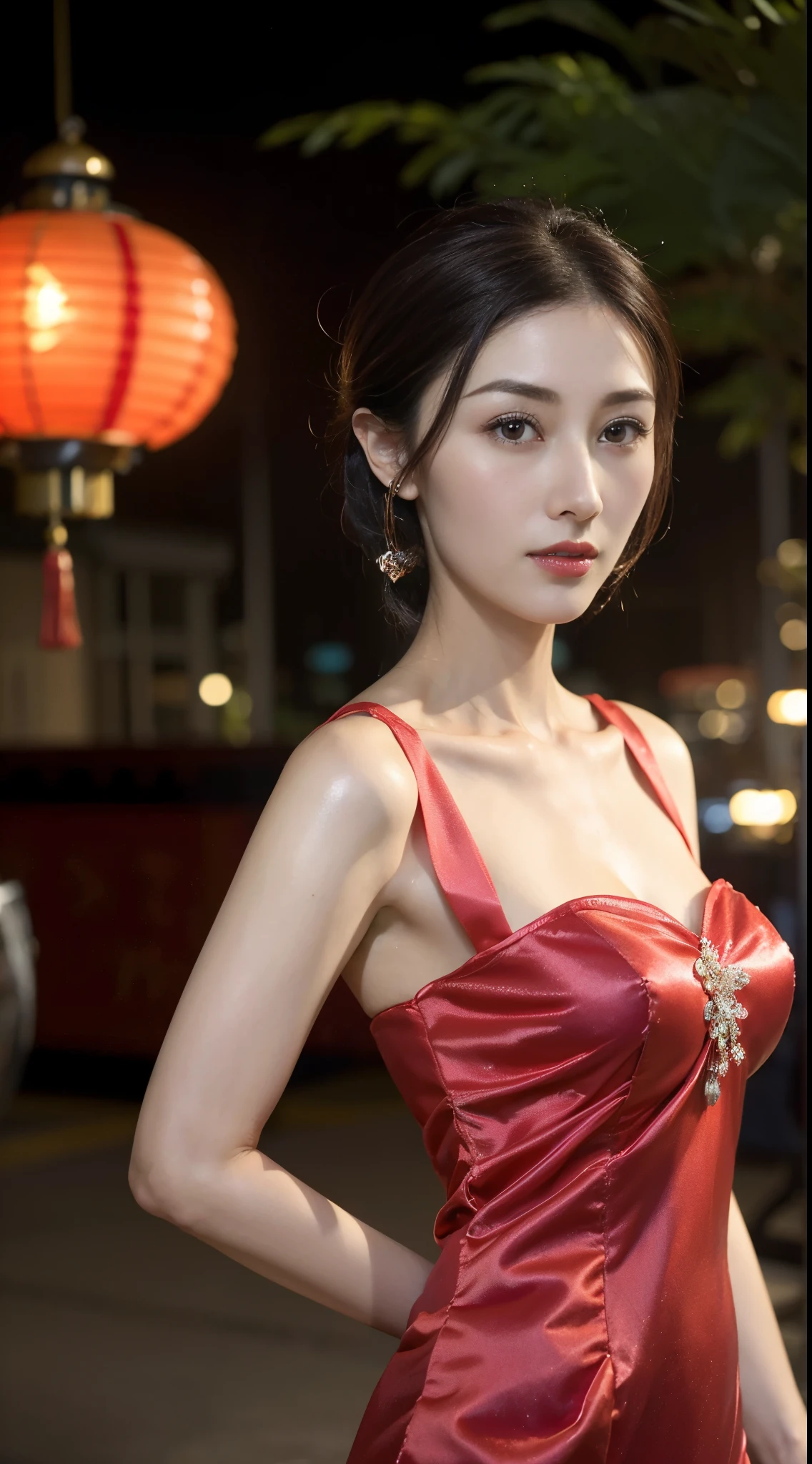 1 beautiful young girl， walking down a sidewalk with red lantern, (Street during the day)，（New Year&#39;s Day celebration scene）, red lantern, chinese lantern, Red Chinese cheongsam, Delicate face，Raised sexy，((((Bust photo))))，((Clear face))，((Close-up of the face))，street lanterns are shining, with lantern, hanging lantern, wearing red cheongsam, Baotou, China, Uptrend ，An attractive one, China-style, tmasterpiece