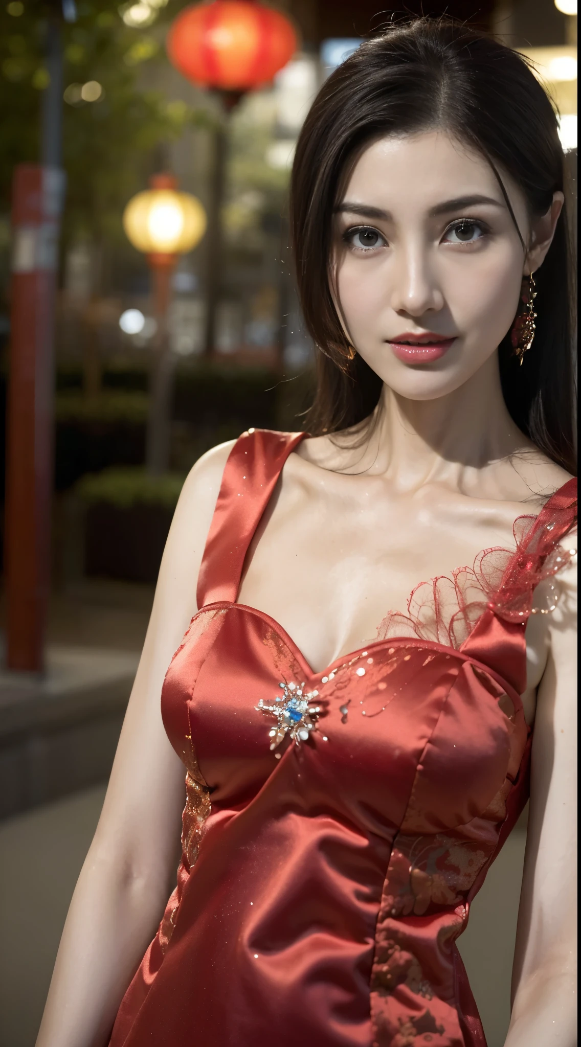 1 beautiful young girl， walking down a sidewalk with red lantern, (Street during the day)，（New Year&#39;s Day celebration scene）, red lantern, chinese lantern, Red Chinese cheongsam, Delicate face，Raised sexy，((((Bust photo))))，((Clear face))，((Close-up of the face))，street lanterns are shining, with lantern, hanging lantern, wearing red cheongsam, Baotou, China, Uptrend ，An attractive one, China-style, tmasterpiece