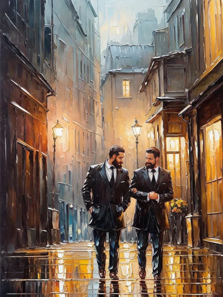 (Oil painting 1.2 Oil Painting Strokes 1.8) （Oil painting 1.2）（（model(Oil painting 1.2 Oil Painting Strokes 1.8) ！Cartoon young gay couple walking on city street in rain, guweiz style artwork！（（affectionate（Don't look at the lens！）ambiguous relationshison, whole body from top to bottom！handsome man, elegant姿勢！Rendering advanced！Artis, Movie！ Muscular man with mustache！french art！Young handsome male model！The light coming in from the window！Award-winning works！man hugging！Have a beard！30 years old and strong！There is a sense of story！elegant！Hold your chin in your hand！Greg Rutkoski&#39;s Stylish Cinema Lighting！（carefully sculpted eyes））Oil painting style！！！