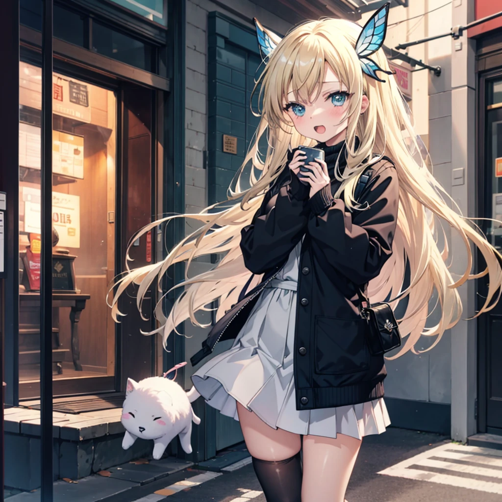 (Best Quality:1.1), (masutepiece:1.4), (absurderes:1.0), Full body,  Walking,
1girl in, kashiwazaki sena,Side tail hair、 butterfly_hair_ornament detached, blond hair, pink long coat，Green Sweater, a miniskirt，Black tights，Black Long Boots，Turning around，closing eye，Opening Mouth，Huge laughter，Large crowds, solofocus:1.4), (depth of fields:1.4), Looking at Viewer, (blush:1.1),