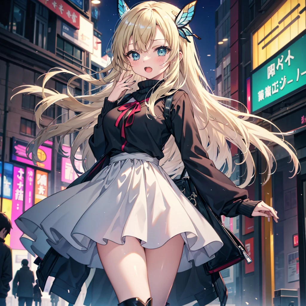 (Best Quality:1.1), (masutepiece:1.4), (absurderes:1.0), Full body,  Walking,
1girl in, kashiwazaki sena,Side tail hair、 butterfly_hair_ornament detached, blond hair, pink long coat，Green Sweater, a miniskirt，Black tights，Black Long Boots，Turning around，closing eye，Opening Mouth，Huge laughter，Large crowds, solofocus:1.4), (depth of fields:1.4), Looking at Viewer, (blush:1.1),