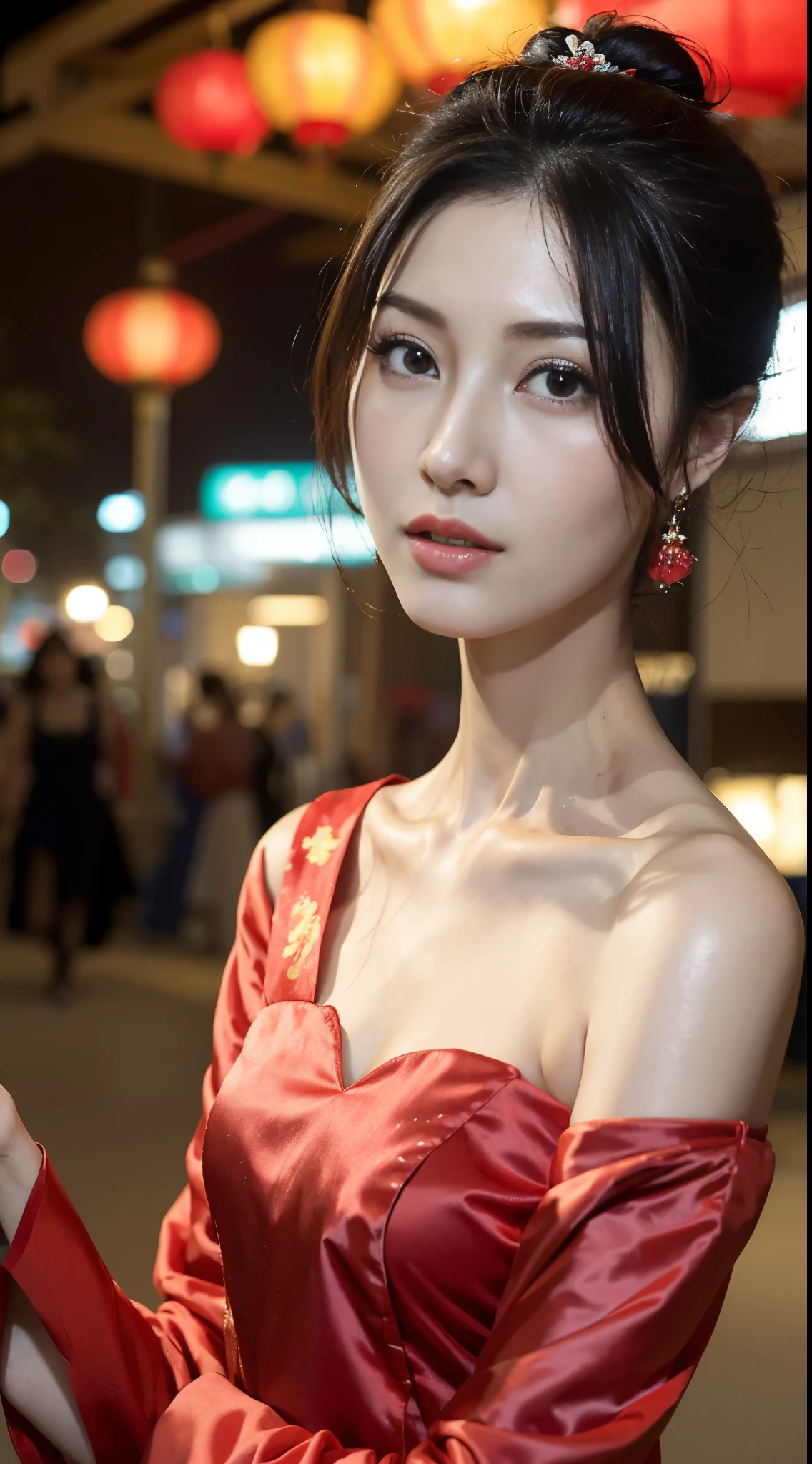 1 beautiful young girl， walking down a sidewalk with red lantern, (Street during the day)，（New Year&#39;s Day celebration scene）, red lantern, chinese lantern, Red Chinese cheongsam, Delicate face，Raised sexy，((((Bust photo))))，((Clear face))，((Close-up of the face))，street lanterns are shining, with lantern, hanging lantern, wearing red cheongsam, Baotou, China, Uptrend ，An attractive one, China-style, tmasterpiece