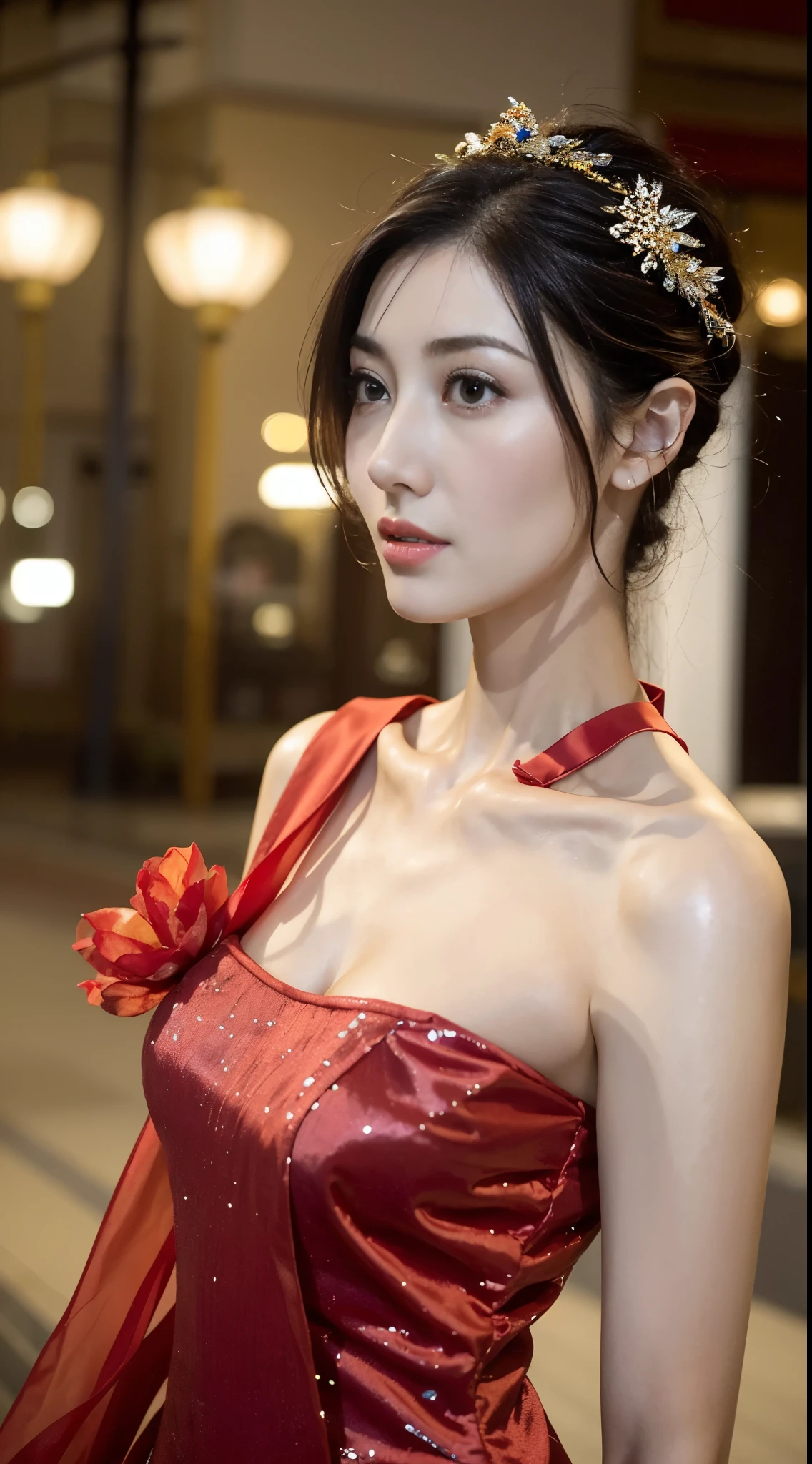 1 beautiful young girl， walking down a sidewalk with red lantern, (Street during the day)，（New Year&#39;s Day celebration scene）, red lantern, chinese lantern, Red Chinese cheongsam, Delicate face，Raised sexy，((((Bust photo))))，((Clear face))，((Close-up of the face))，street lanterns are shining, with lantern, hanging lantern, wearing red cheongsam, Baotou, China, Uptrend ，An attractive one, China-style, tmasterpiece