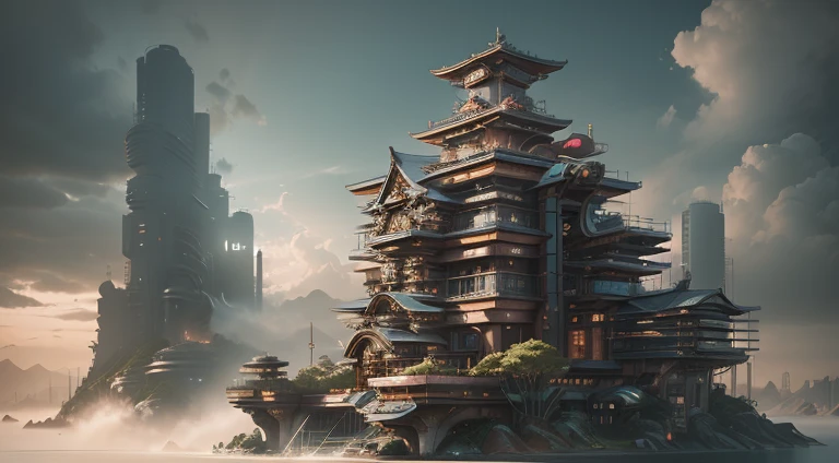 Science-Fiction-Komplex，mirai，Neuer Architekturstil von Takamatsu，orientalische Architektur in《Cyberpunk 2077》 ，Es gibt komplexe mechanische Strukturen am Gebäude，Industrielles Flair，warmes Sonnenlicht，Schöne Skybox，dekorative Elemente aus Metall，Hochdetaillierte Fantasy-Kunst，G-liulischer Kunststil，Wunderschöne 3D-Konzeptkunst，unreal 5 render，Raytracing-Rendering，Konzeptkunst des Spiels，Human Development Index，Wolkenmeer，trends in artstation，CG-Dynamik，halbwegs Kunst，Extrem detaillierte Konzeptzeichnungen，Unreal Engine 5 rendert Details、Unreal Engine 5-Umgebung，Ultraweitwinkel,-Mit Blick auf，