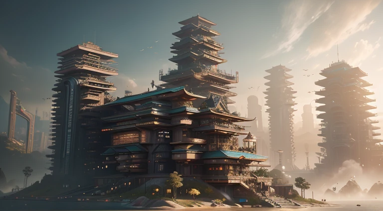 science fiction complex，mirai，Takamatsu new architectural style，oriental architecture in《Cyberpunk 2077》 ，There are complex mechanical structures on the building，Industrial feel，warm sunlight，Nice skybox，Metal decorative elements，Highly detailed fantasy art，G-liulian Art Style，Beautiful 3D concept art，unreal 5 render，raytraced render，Concept Art of Game，human development index，Sea of Clouds，trends in artstation，CG dynamics，halfway art，ultra detailed concept art，Unreal Engine 5 renders detail、Unreal Engine 5 environment，- Ultra-wide angle,-Overlooking，