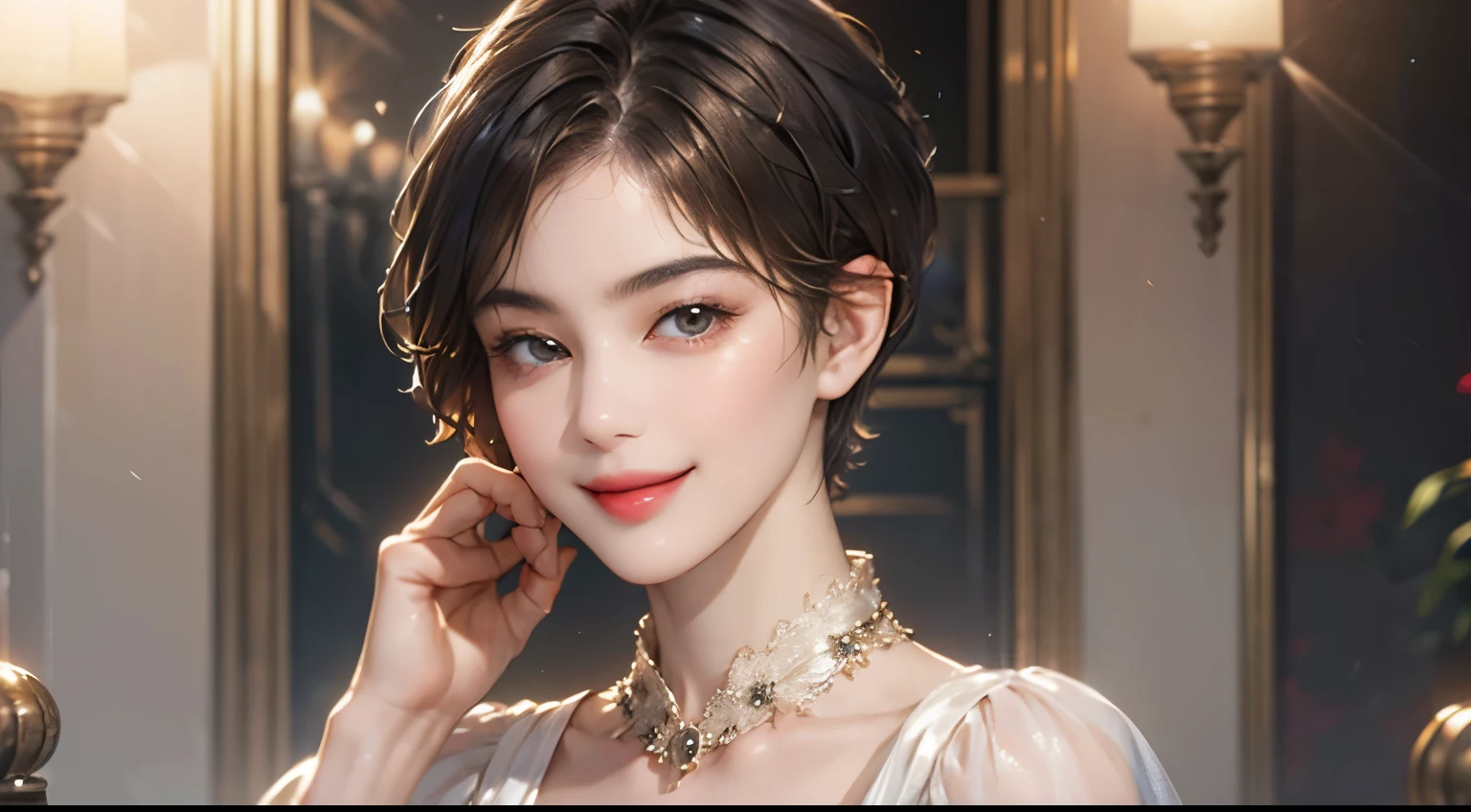 143
(a 20 yo woman), (A hyper-realistic), (high-level image quality), ((beautiful hairstyle 46)), ((short-hair:1.46)), (kindly smile), (breasted:1.1), (lipsticks)