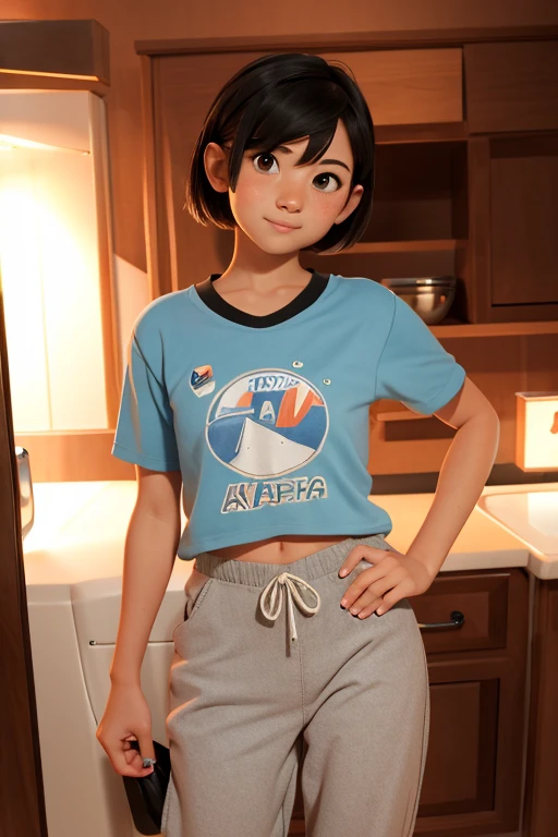 12 year old 2d female character with semi short hair, Black tank top and mesh pants for platform play..