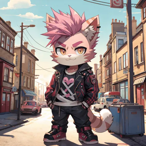 Cat dressed as a punk with pink mohawk hair, chibi, standing, background red double decker bus in britain, stunning style