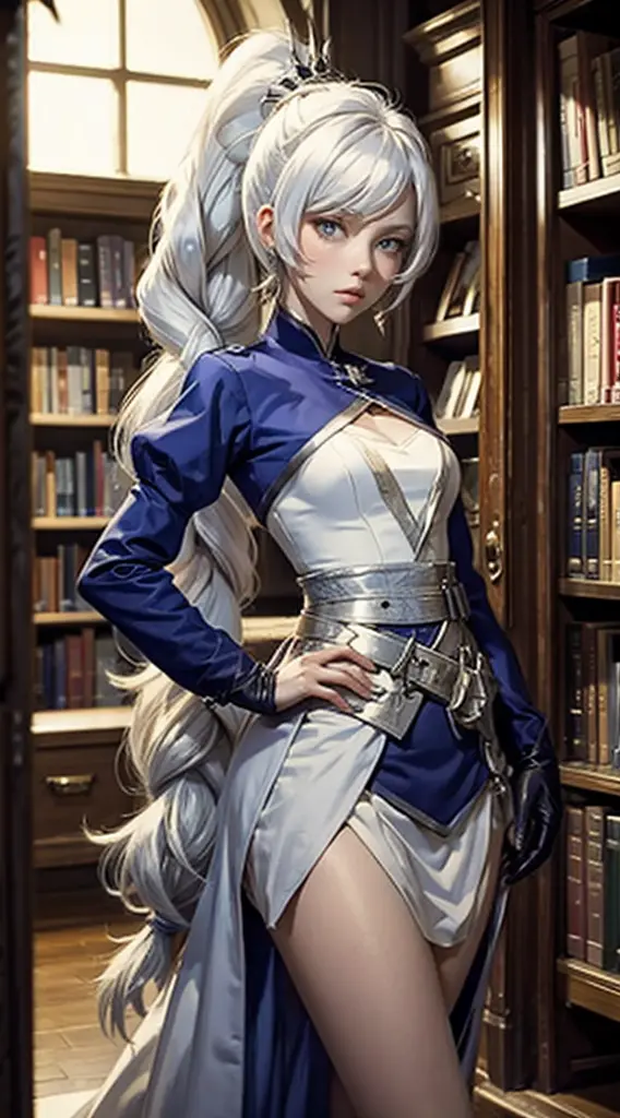 weiss schnee, standing in library, long white hair, side ponytail