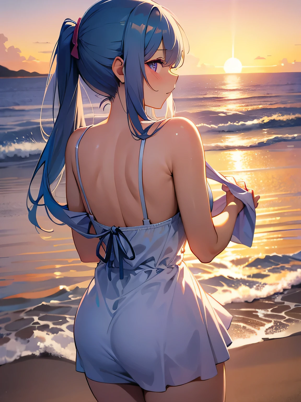 anime girl with light blue hair, Hair in a delicate blue tone, long hair, purple eyes, pony tail hair, sexy swiming dress, medium breats, mature factions, very aesthetic detail anime background japanese beach sunset
