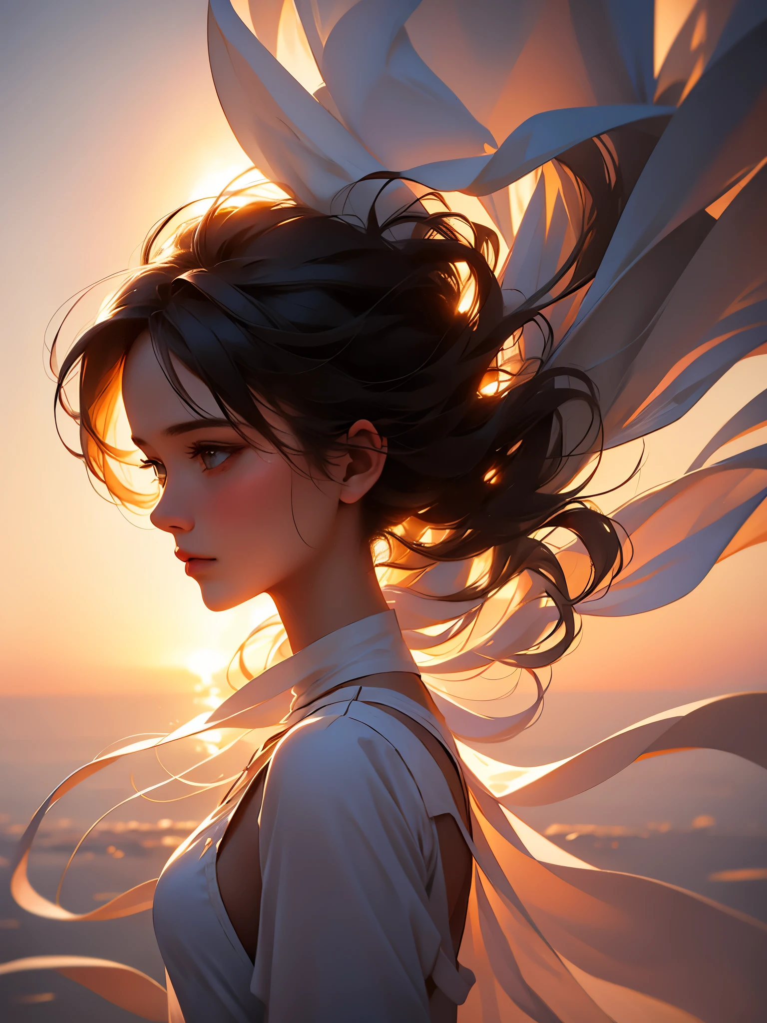 (highres,best quality,realistic),(portrait,concept artists),girl,beautiful silhouette,backlight,reflective lighting,soft shadows,subtle highlights,warm color tones,sleek hair,graceful pose,delicate features,serene expression,ethereal,subtle details,thoughtful gaze,gentle atmosphere,dreamlike background,blurred surroundings,artistic composition,visual storytelling