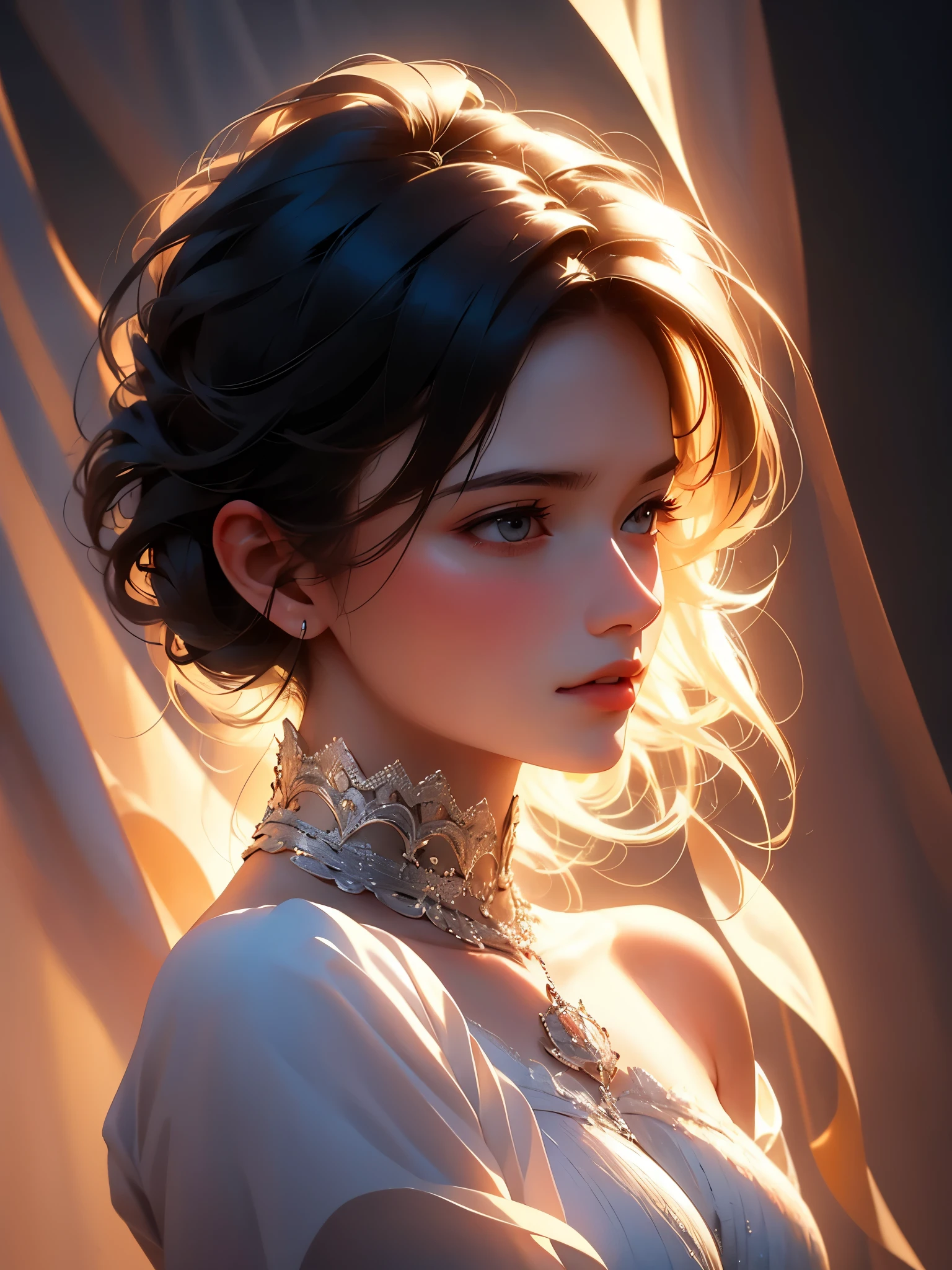 (highres,best quality,realistic),(portrait,concept artists),girl,beautiful silhouette,backlight,reflective lighting,soft shadows,subtle highlights,warm color tones,sleek hair,graceful pose,delicate features,serene expression,ethereal,subtle details,thoughtful gaze,gentle atmosphere,dreamlike background,blurred surroundings,artistic composition,visual storytelling