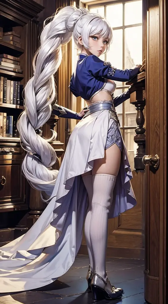 weiss schnee, standing in library, long white hair, side ponytail