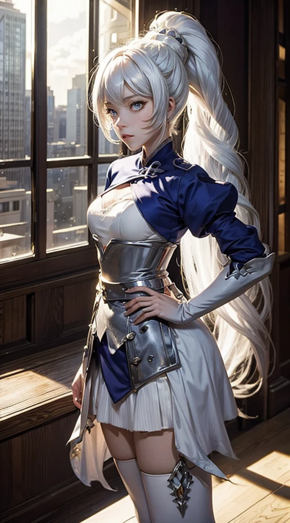 weiss schnee, standing in library, long white hair, side ponytail