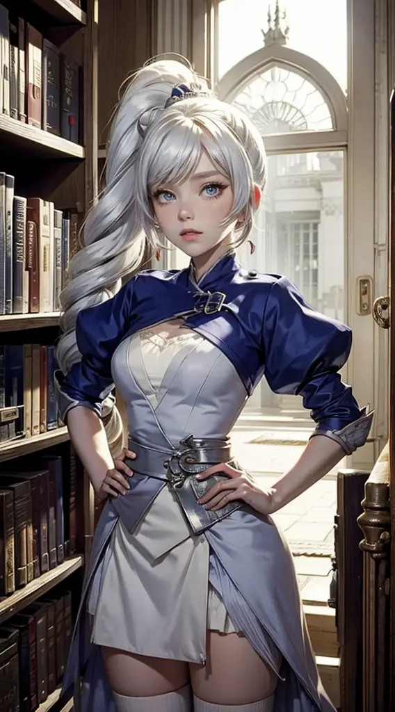 weiss schnee, standing in library, long white hair, side ponytail