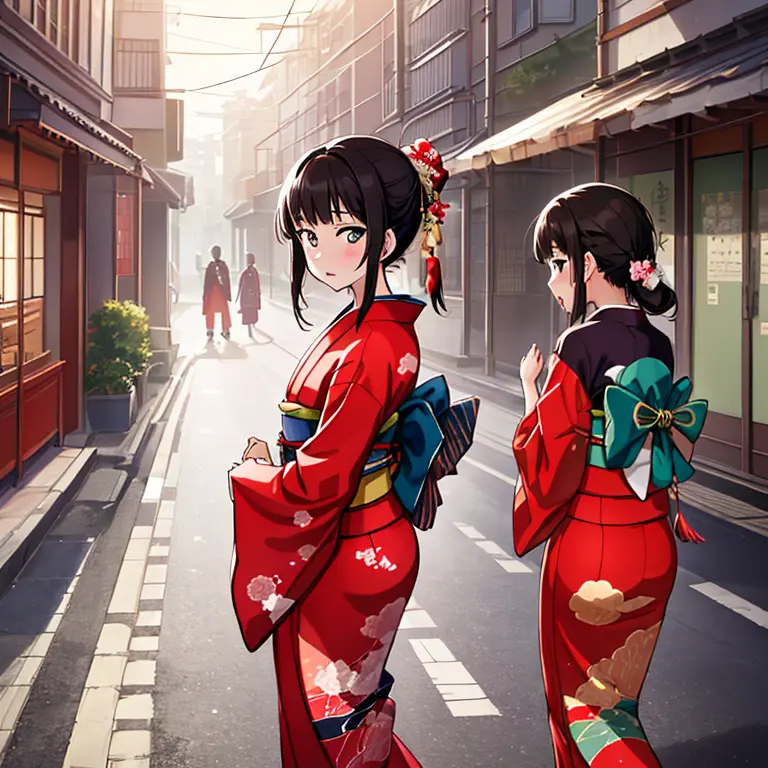 {best quality}, {very aesthetic}, {ultra-detailed}, {best illustration}, japanese kimono, red kimono, in the street, a dark-hair...