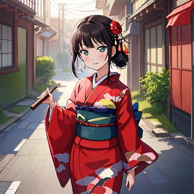 {best quality}, {very aesthetic}, {ultra-detailed}, {best illustration}, japanese kimono, red kimono, in the street, a dark-hair...