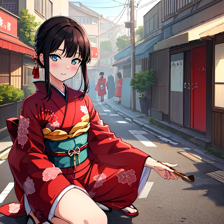 {Best Quality}, {very aesthetic}, {Ultra-detailed}, {Best Illustration}, japanese kimono, red kimono, In the street, A dark-haired