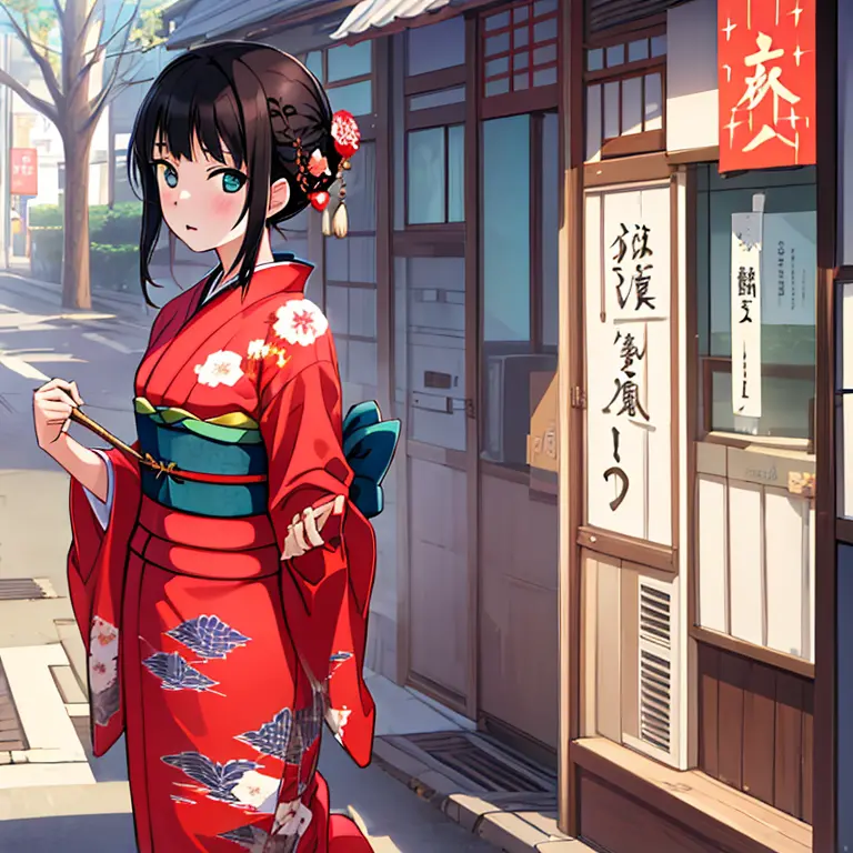 {best quality}, {very aesthetic}, {ultra-detailed}, {best illustration}, japanese kimono, red kimono, in the street, a dark-hair...