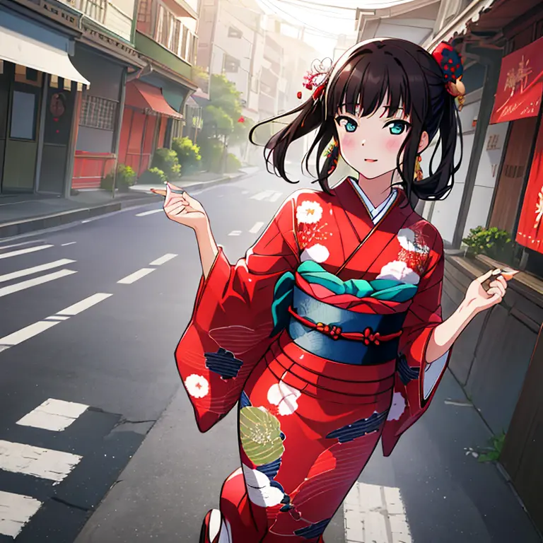 {best quality}, {very aesthetic}, {ultra-detailed}, {best illustration}, japanese kimono, red kimono, in the street, a dark-hair...