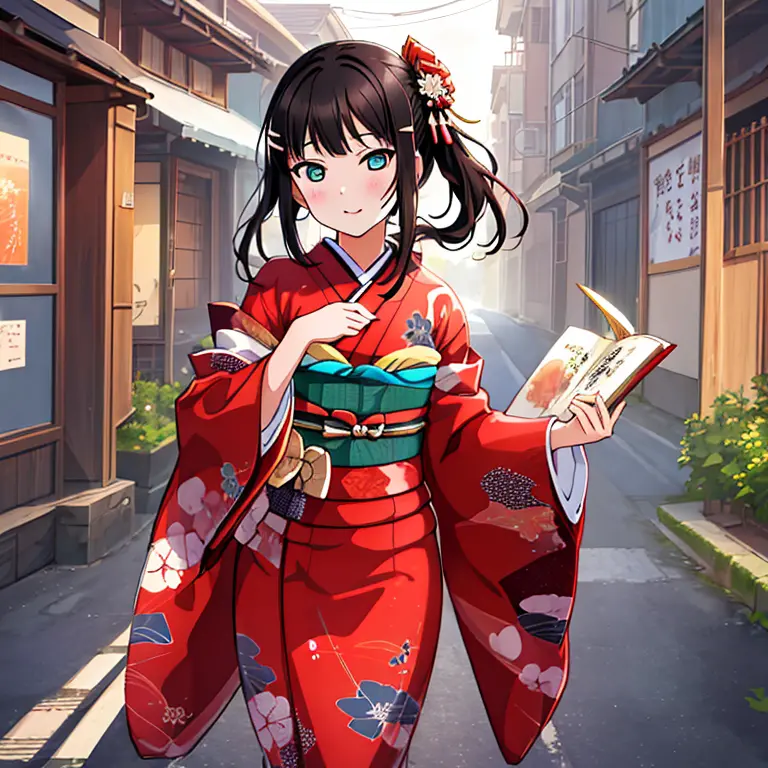 {best quality}, {very aesthetic}, {ultra-detailed}, {best illustration}, japanese kimono, red kimono, in the street, a dark-hair...