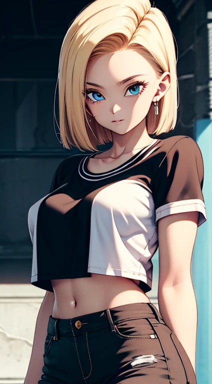 best quality, highres, and18, 1girl, android 18, solo, blond hairbl, blueneyes, short detailed hair, 耳Nipple Ring, ,nipple bump， Beds, pyjamas, (thong:1.2), bralette, ssee-through,，Pubic hair shows through